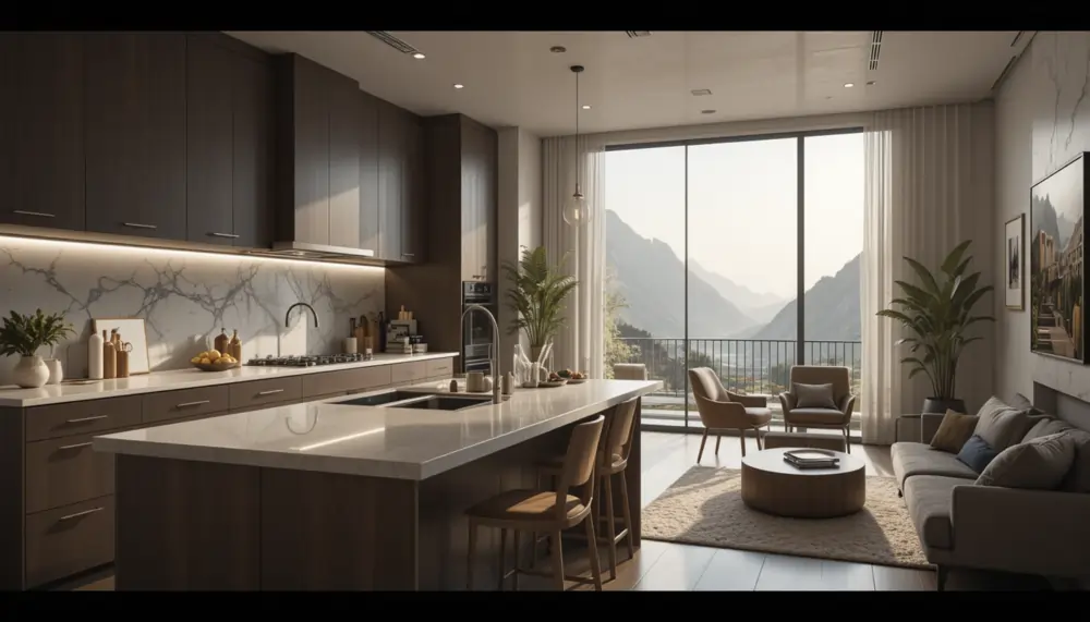 the kichen is next to the living