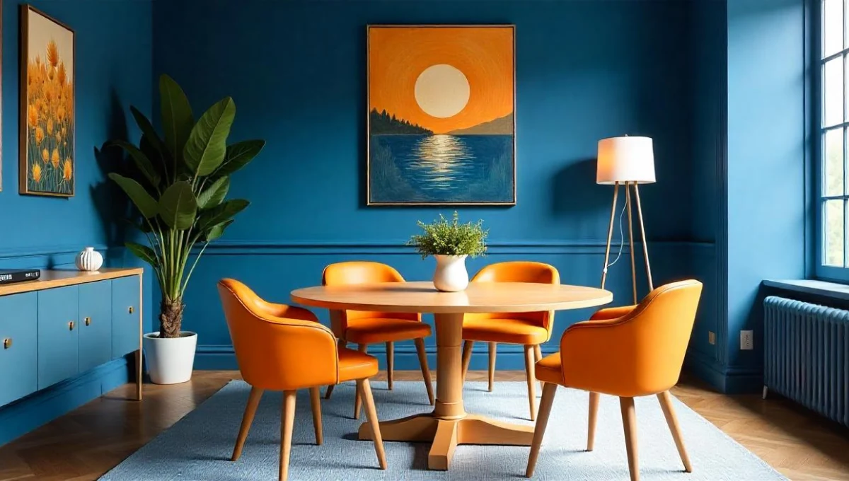 Blue dining room ideas with bold blue walls, orange chairs, round wooden table, modern art, and natural light.