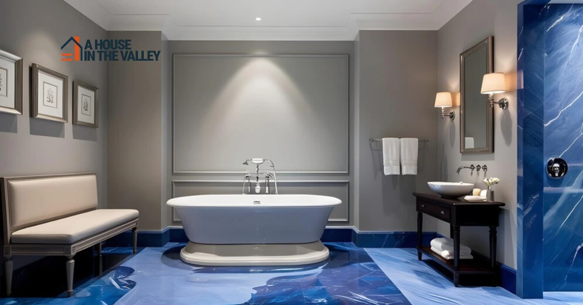 Blue and Gray Bathroom Ideas showcasing navy vanity with charcoal tiles and chrome fixtures.