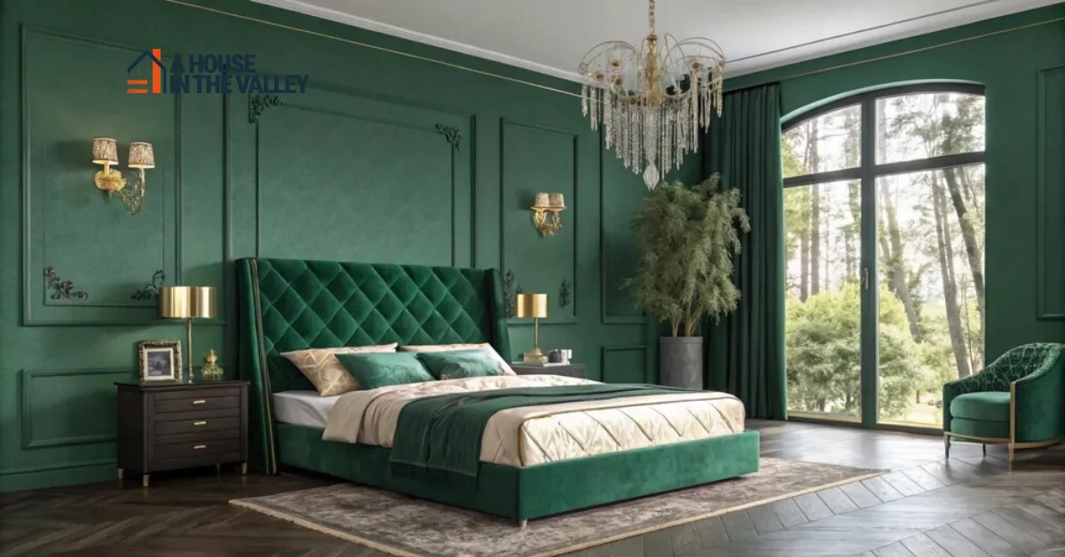 Emerald Green Bedroom Ideas: Luxurious emerald walls with gold fixtures and textured bedding in a modern 2025 design.
