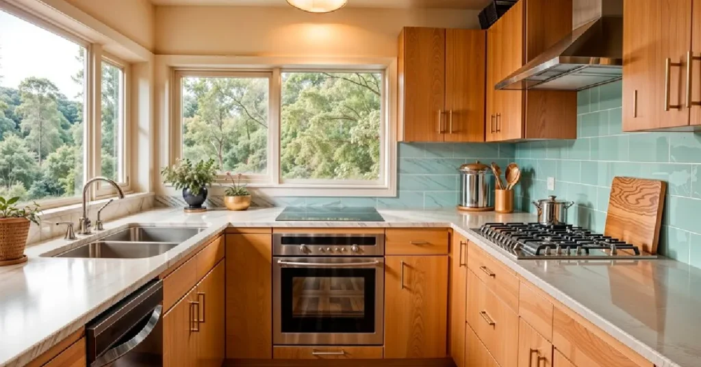 Small kitchen remodel with wooden cabinets, white countertops, light blue backsplash, and large windows - budget-friendly design with natural light