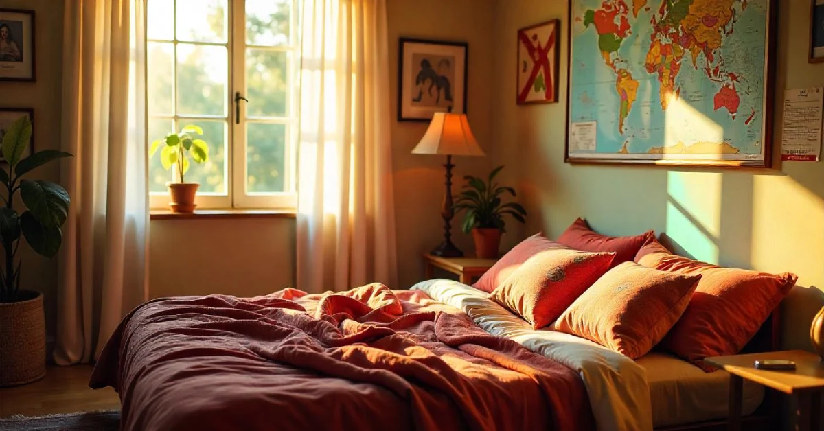 Male Bedroom Ideas with a cozy bed in rust-colored bedding, world map wall art, houseplants, and warm sunlight streaming through a window.