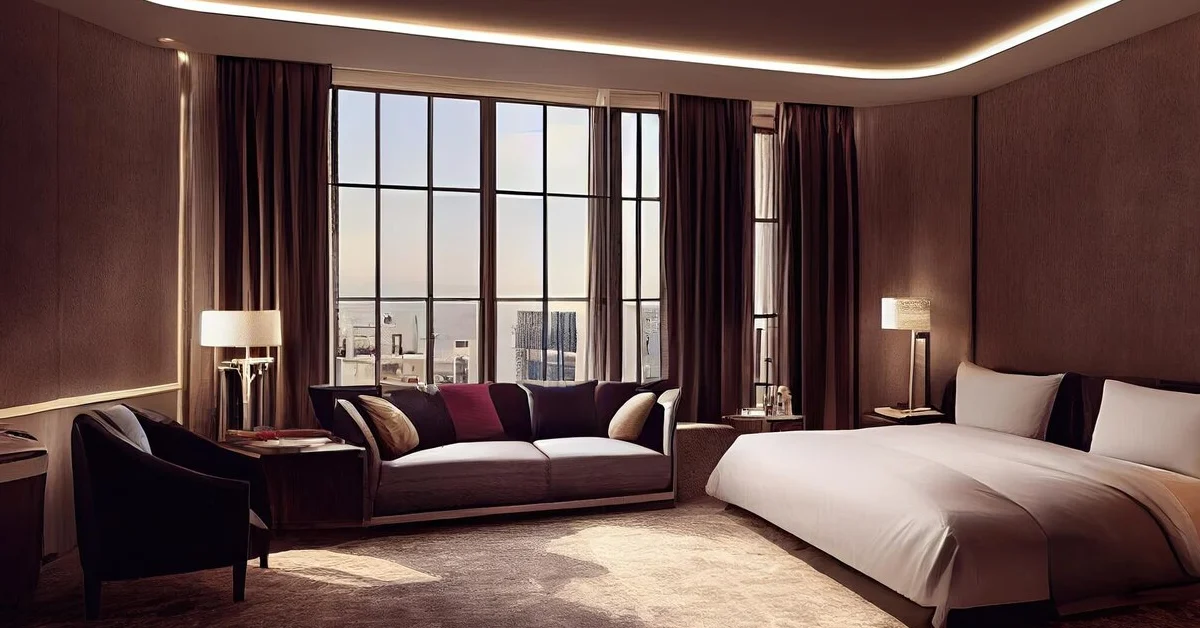 Alt Text: Modern luxury bedroom interior showcasing contemporary design with plush purple sofa, neutral bedding, floor-to-ceiling windows, and refined ambient lighting in an urban high-rise setting