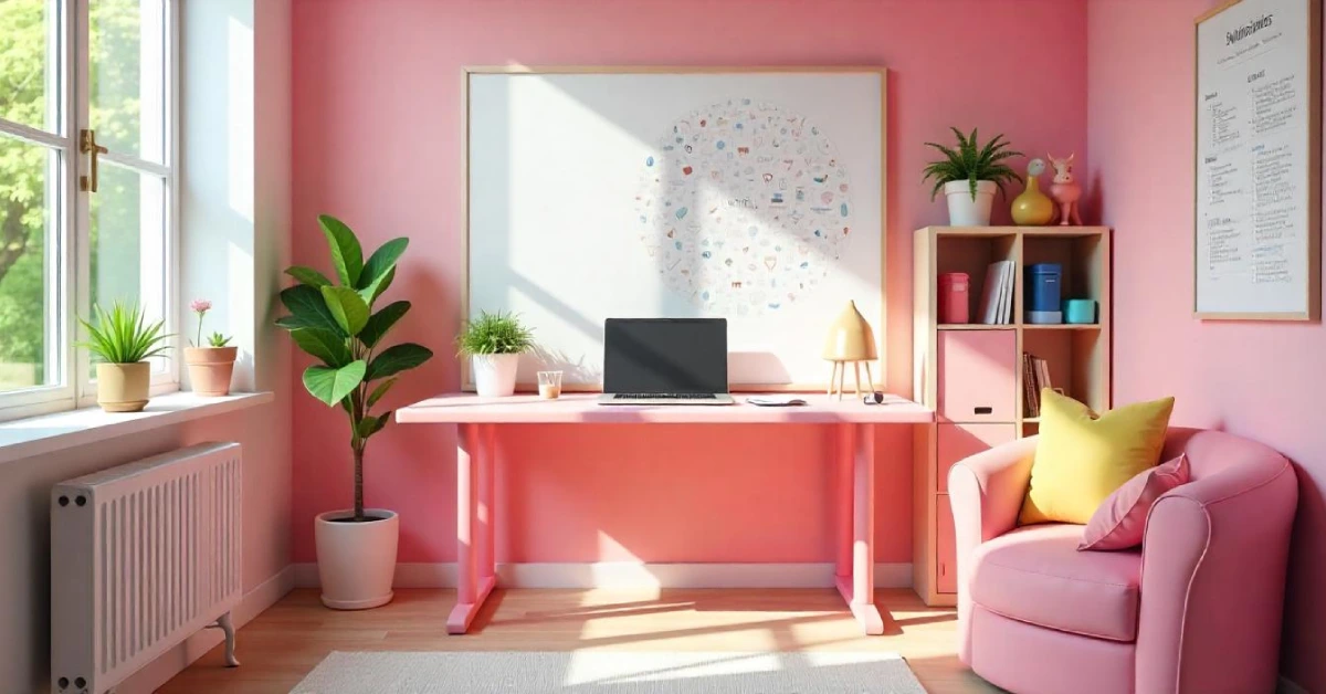 Bright, modern workspace showcasing Pink Office Ideas with a pink desk, cozy armchair, plants, and natural light for a stylish and inviting office.