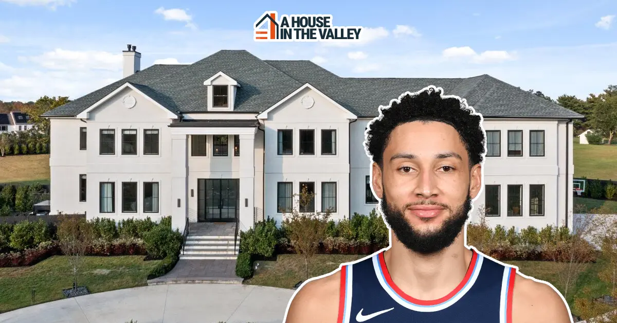 Exterior view of Ben Simmons House, showcasing modern architecture, expansive windows, and lush landscaping.