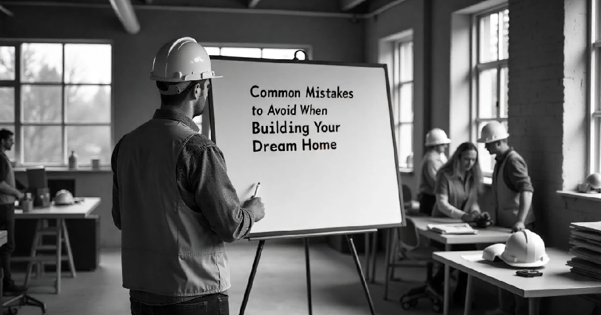 Construction professional presenting Common Mistakes to Avoid When Building Your Dream Home on whiteboard during team planning session
