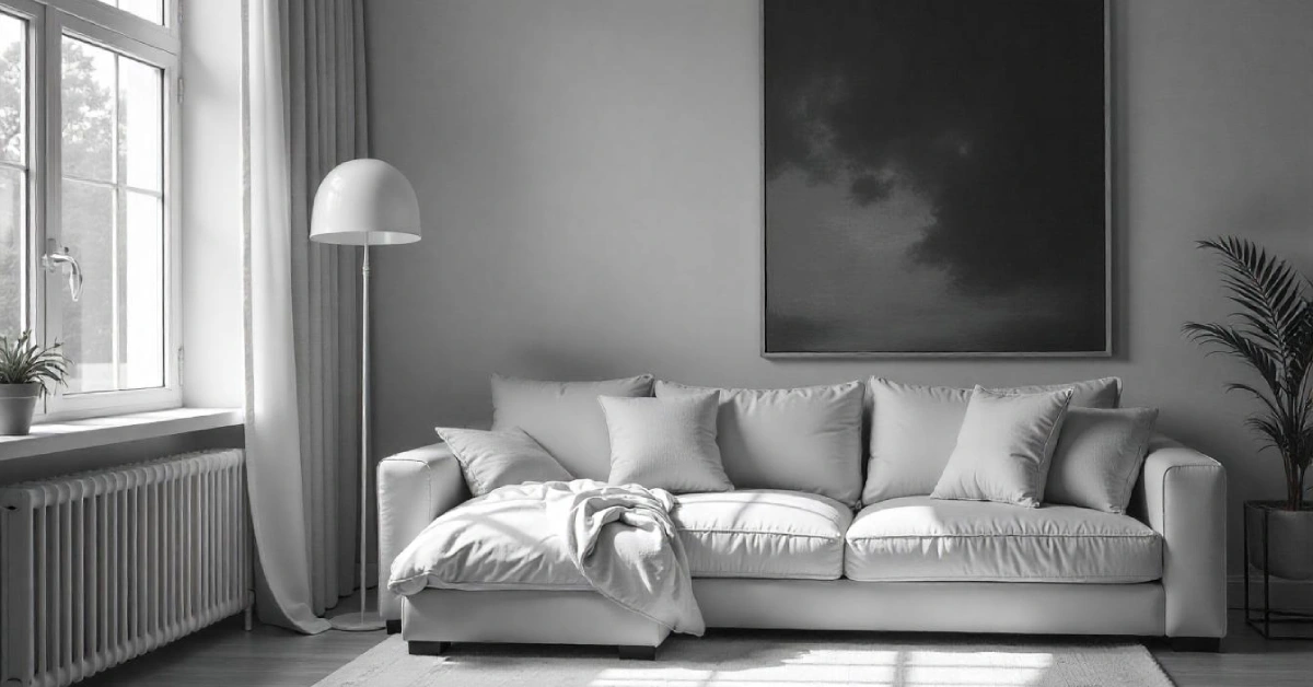 Clean modern living room with minimal dust showing how to control home dust naturally with proper furniture and plant placement