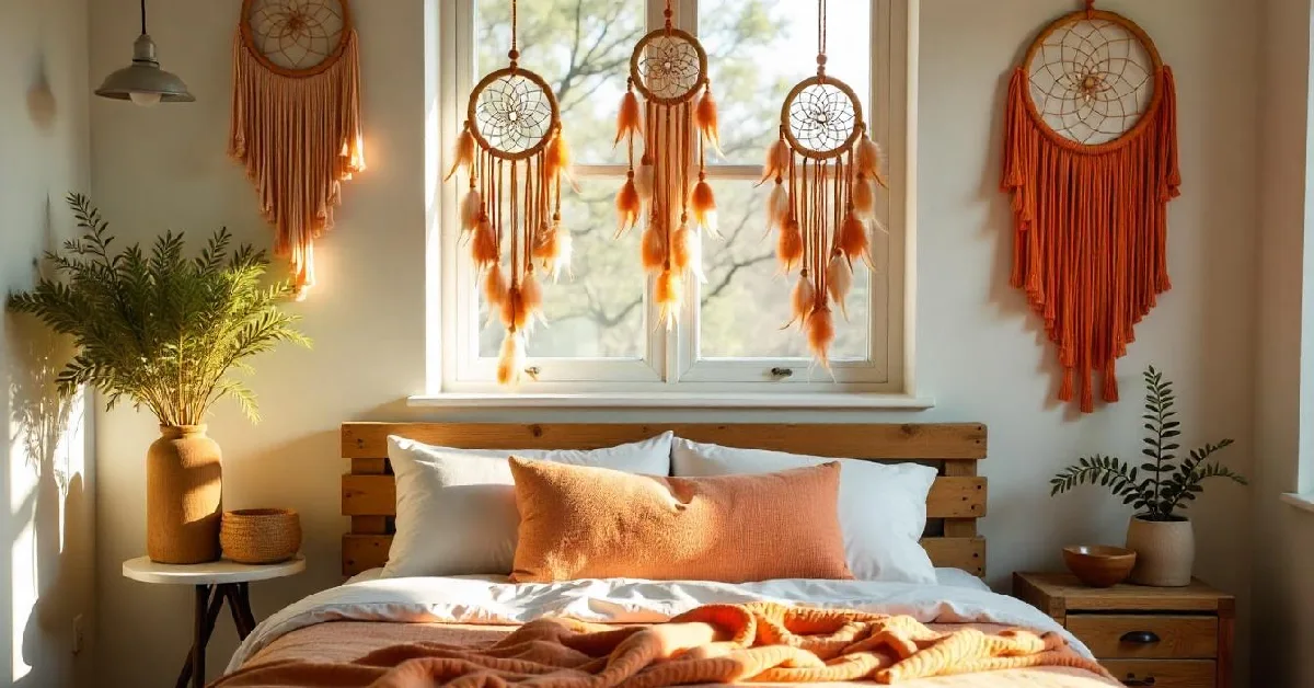 Handmade orange dreamcatchers hanging in a cozy bedroom with wooden headboard and plants, perfect example of how to craft your way to a more beautiful home