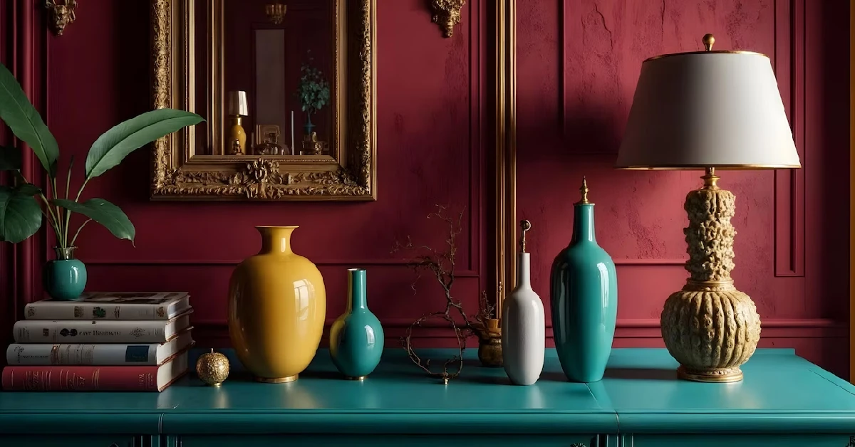 Color drenching example with burgundy walls, gold accents, and teal vases - creative DIY home decor trend for 2025