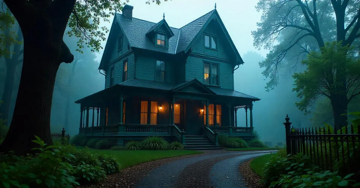 Dark Green House with Black Trim surrounded by misty trees and a curved driveway