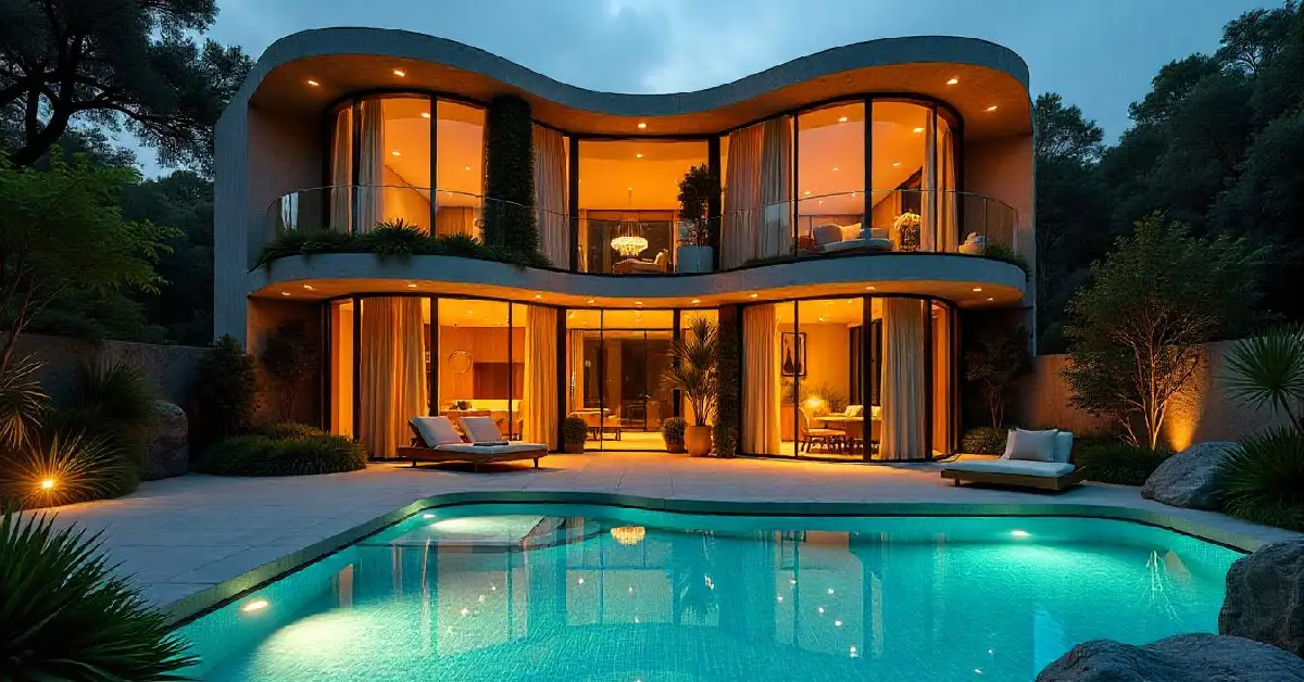 Modern curved dream house with garden and pool featuring illuminated interiors, floor-to-ceiling windows, lush landscaping, and a turquoise infinity pool reflecting warm light at dusk