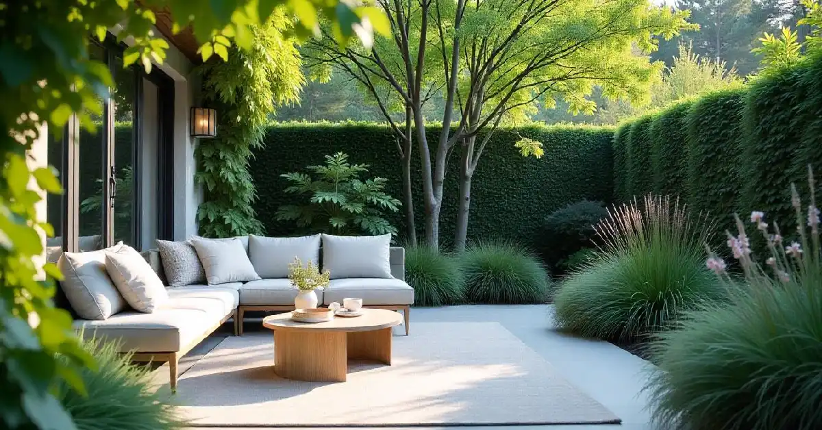 Tranquil outdoor living space in a dream house with garden and pool design featuring a comfortable L-shaped sofa, wooden coffee table, ornamental grasses, and lush green privacy hedges creating a peaceful retreat