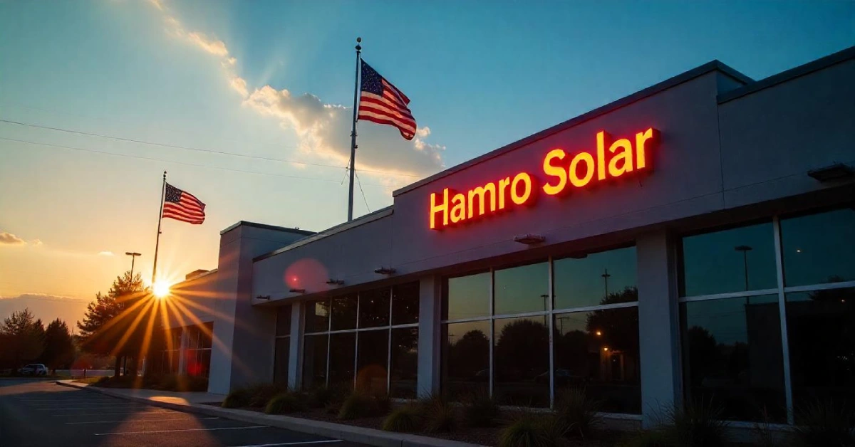 Hamro Solar LLC building exterior with American flags at sunset