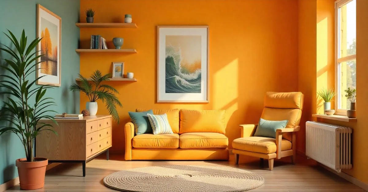 Bright, modern living room showcasing Home Improvement Ideas with colorful walls, stylish furniture, and indoor plants for a fresh, inviting space.