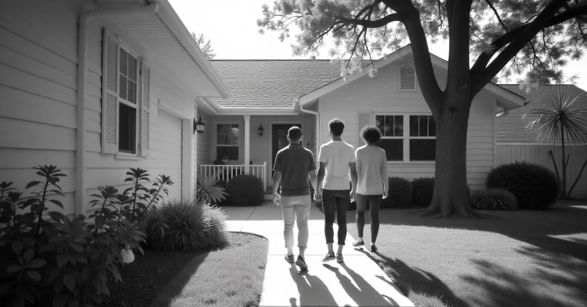 Three people walking toward a single-story house, highlighting a safe and well-maintained home exterior.
