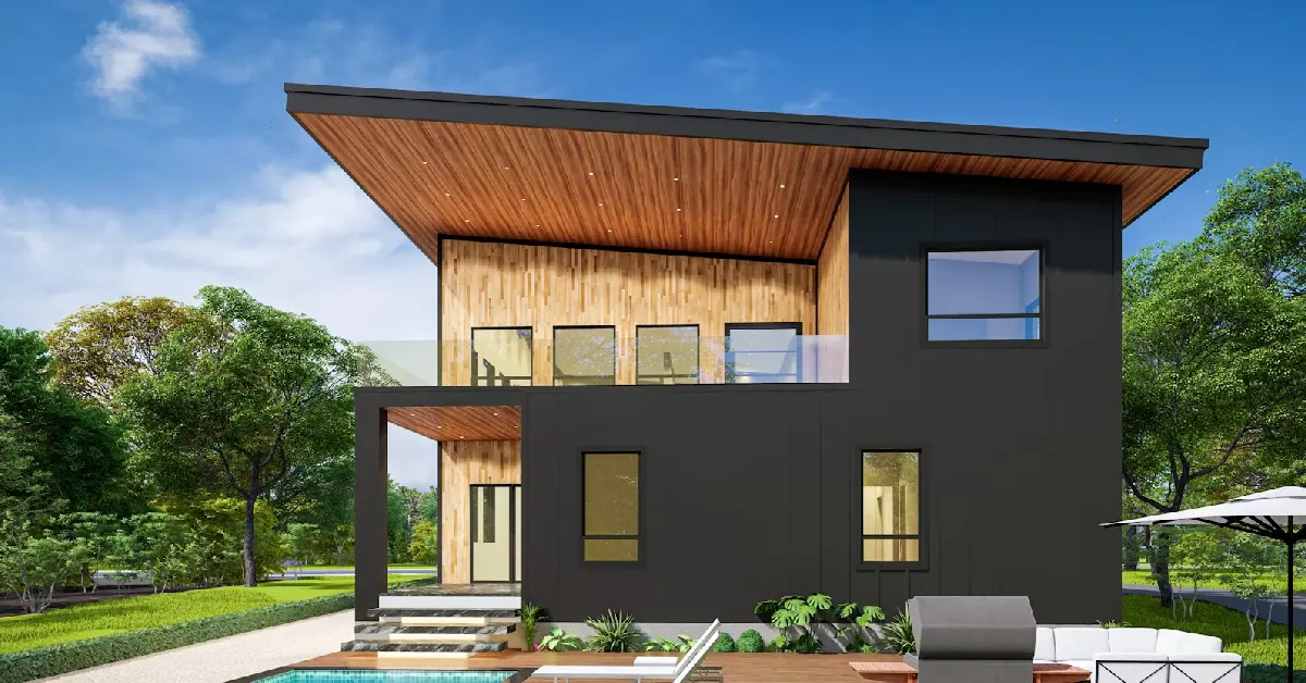 Contemporary house front design ideas for different home styles featuring dark exterior with wooden accents, large windows, and minimalist landscaping