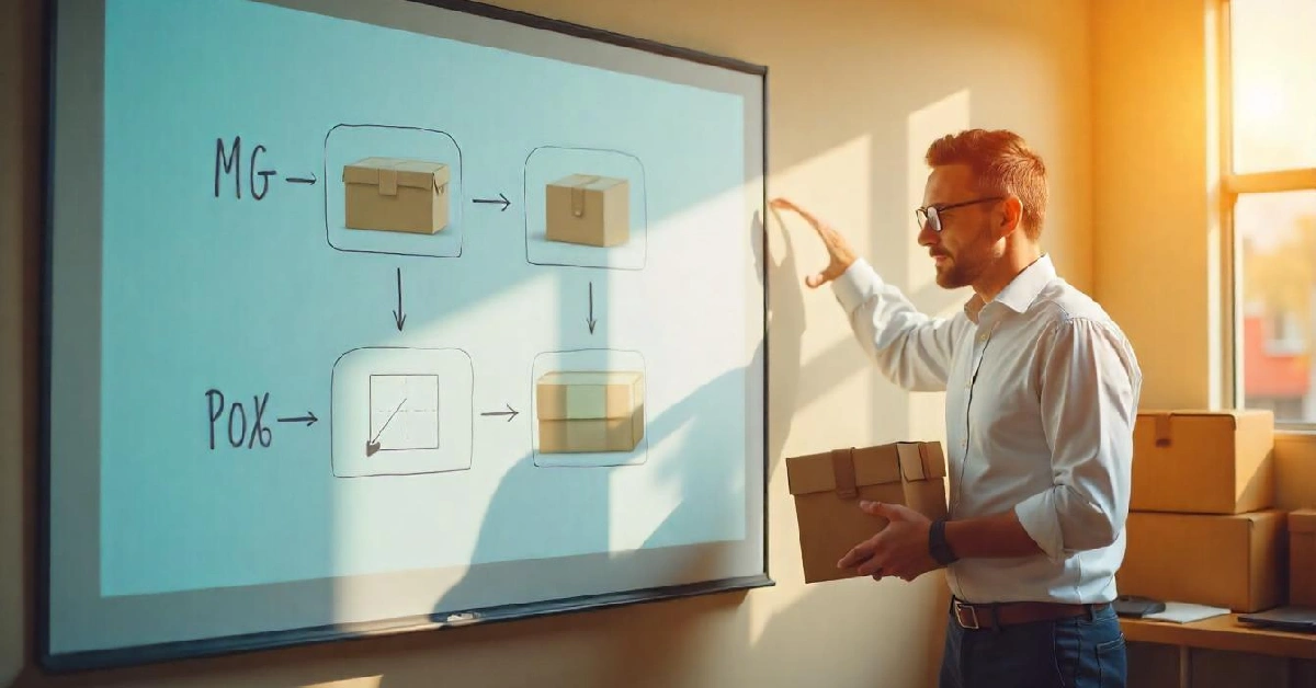 Professional moving expert demonstrating box packing techniques on whiteboard with diagram showing efficient methods for how to pack for a move