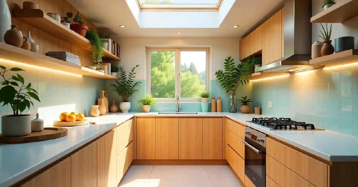 Modern kitchen with wooden cabinets, indoor plants, and natural lighting – perfect for stylish kitchen remodeling ideas.