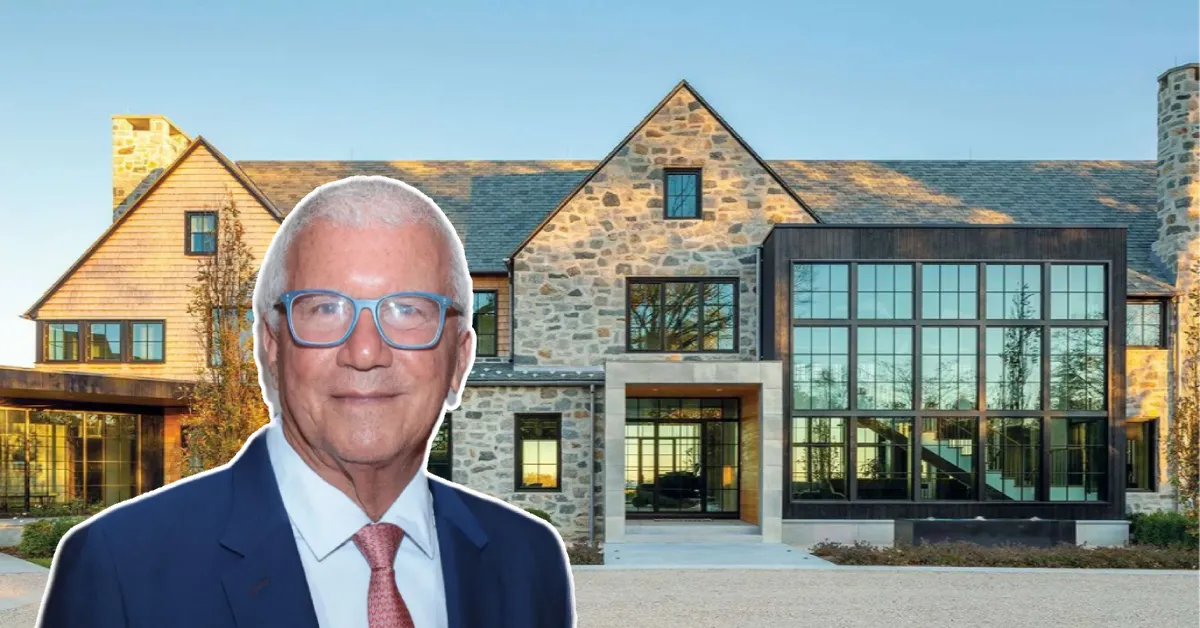 Front view of Larry Gagosian House highlighting its impressive stonework, modern glass features, and the grandeur associated with the legendary art dealer’s residences.