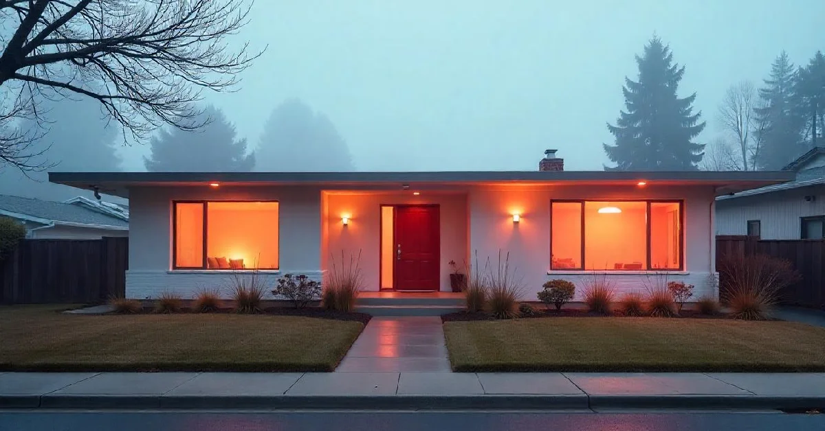 Single-story home with minimalist exterior featuring warm lighting, red front door, large windows and clean landscaping - perfect example of how to nail exterior design like a pro
