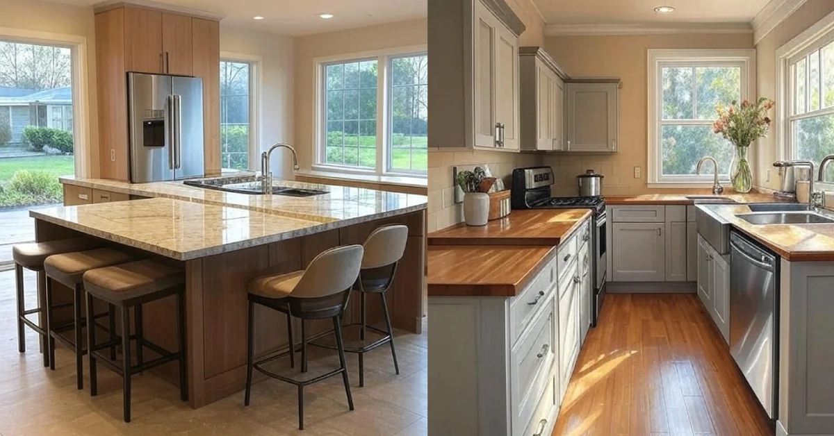 Open kitchen vs closed kitchen comparison showing modern island design and traditional enclosed galley layout with wood countertops