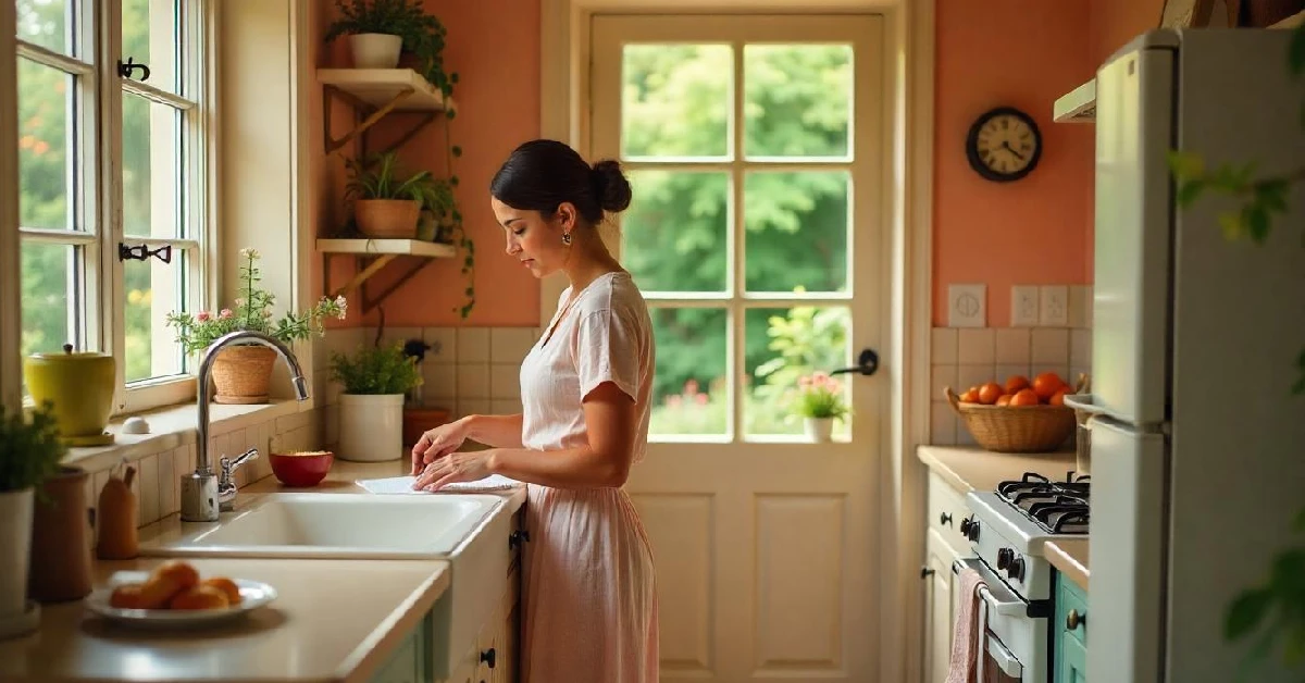 Woman preparing food in a bright small kitchen with efficient layout, showcasing Small Kitchen Big Style space-saving design