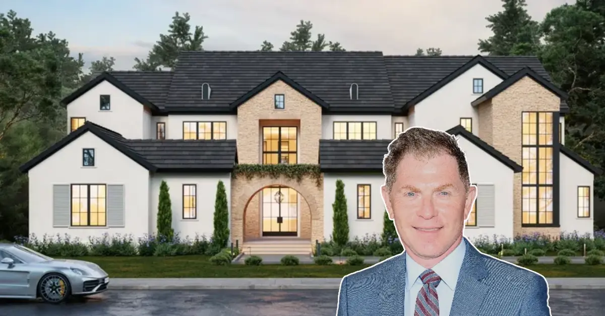 Bobby Flay House exterior showing Tudor-style architecture with chef's outdoor kitchen and entertaining spaces in Saratoga Springs, New York
