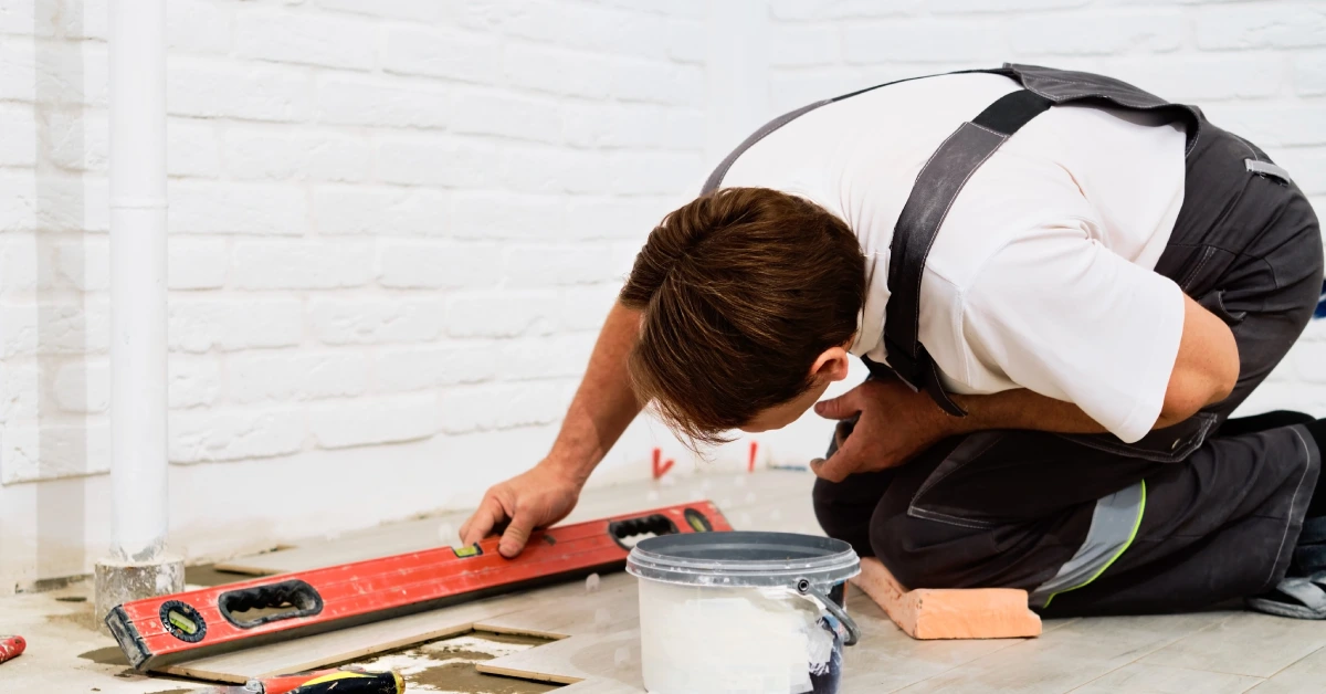 Professional contractor using level tool to fix cracks in house walls with repair materials and tools