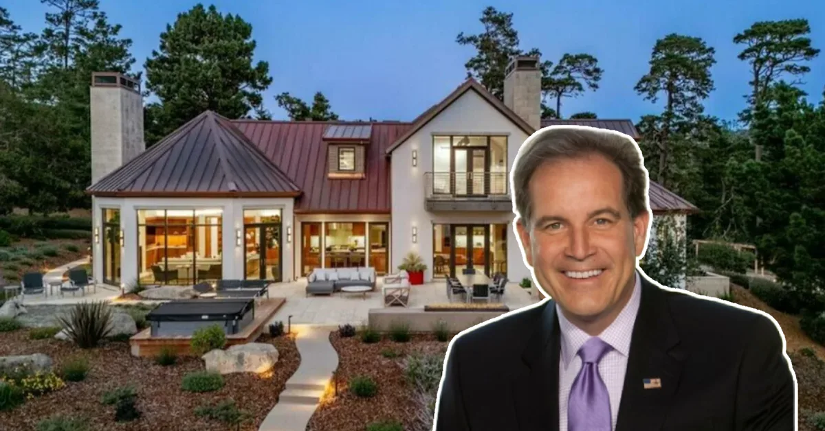 Jim Nantz's House in Pebble Beach features white walls, copper roof, large windows, and spacious patio surrounded by pine trees