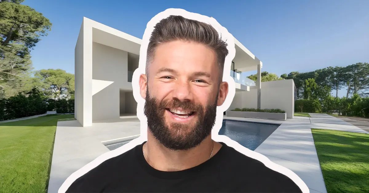 Julian Edelman house modern luxury home exterior with pool and landscaping in Brentwood Los Angeles