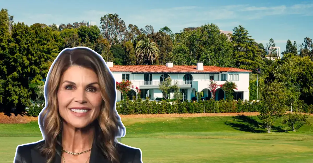 Front view of the Lori Loughlin House showcasing its grand architecture and lush landscaping in Hidden Hills, Los Angeles.
