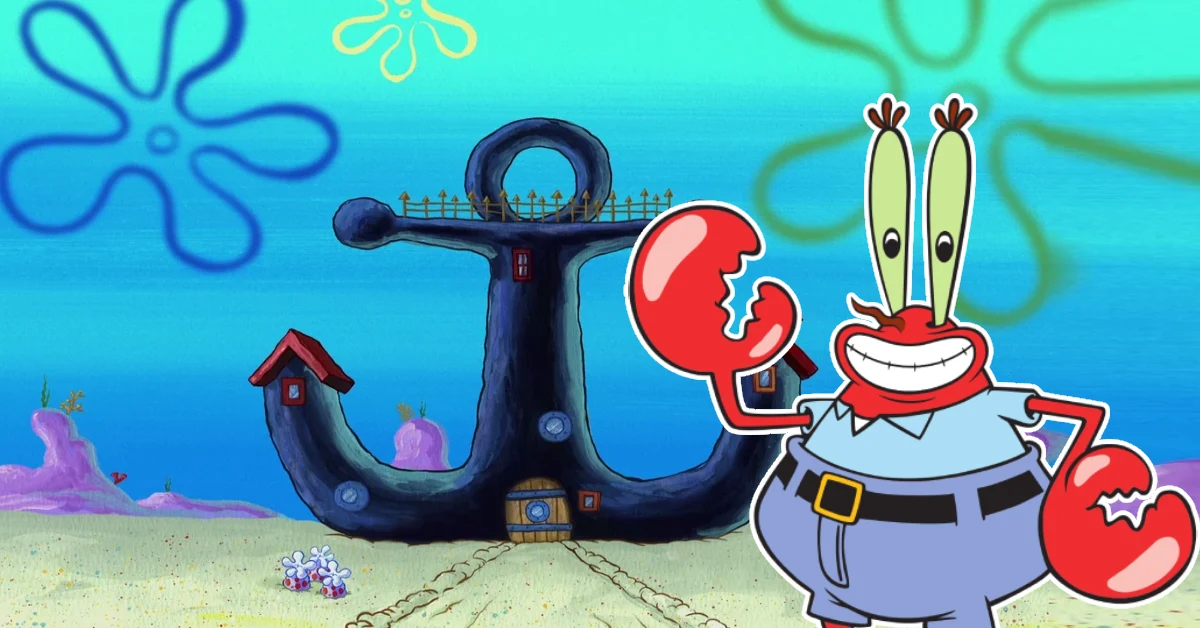 Mr Krabs House - the iconic blue anchor-shaped dwelling in Bikini Bottom with the money-loving crab standing proudly beside his nautical home