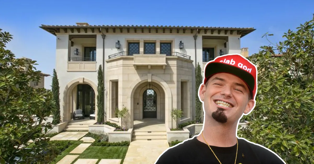 Front exterior of the Paul Wall House showcasing its luxurious Mediterranean architecture and stylish Texas landscaping.