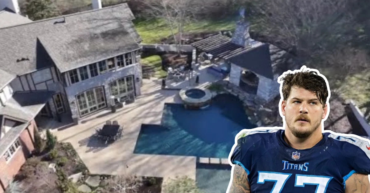 Taylor Lewan house aerial view showing Nashville mansion with custom pool and outdoor entertainment areas