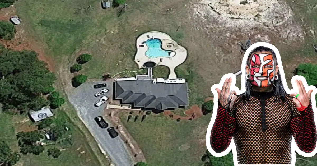 Aerial view of Jeff Hardy house property in North Carolina showing main residence, pool area, and surrounding wooded landscape