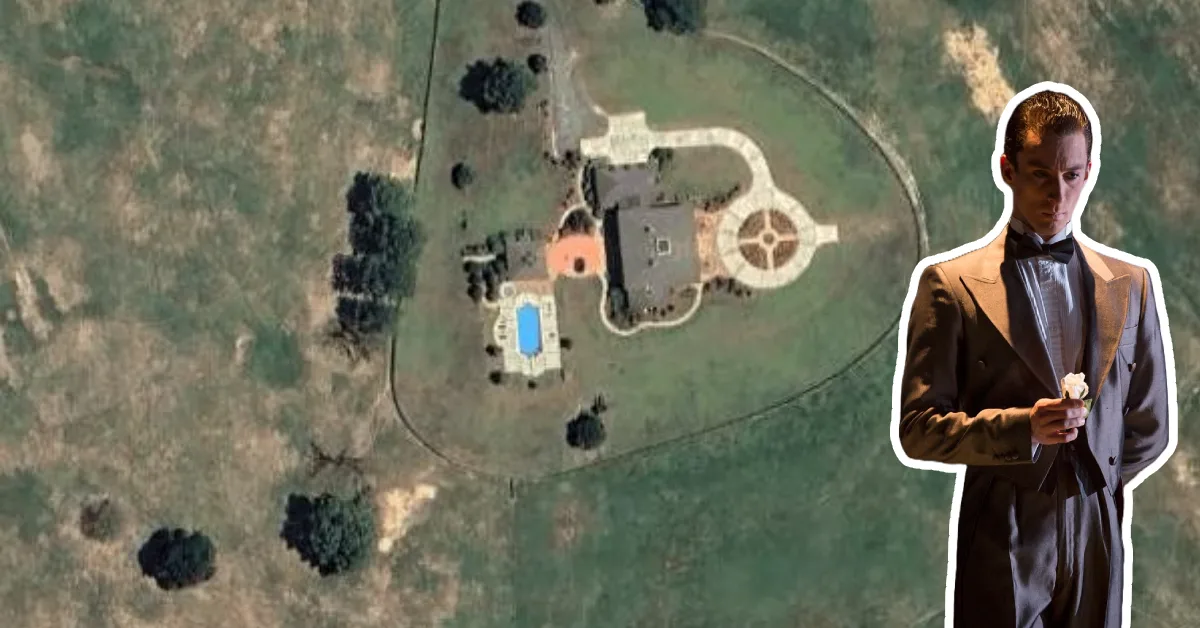 Nick Carraway house aerial view with Gatsby mansion from The Great Gatsby film adaptation showing West Egg estate