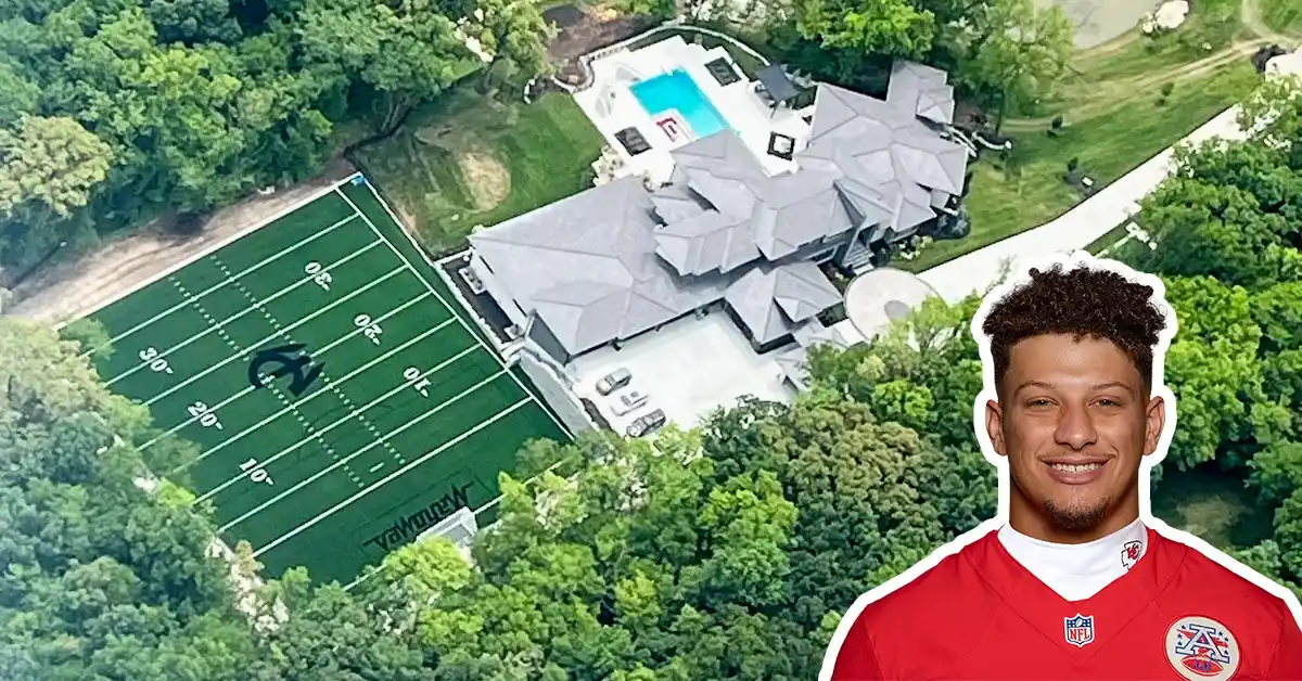Patrick Mahomes house aerial view showing custom football field, swimming pool, and 8 million dollar mansion in Belton Missouri