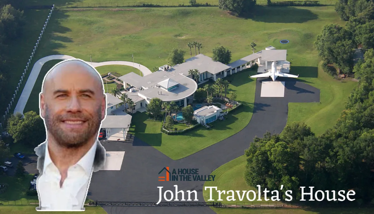 Aerial view of John Travolta's House featuring his private runway, airplanes, and luxurious estate surrounded by greenery.