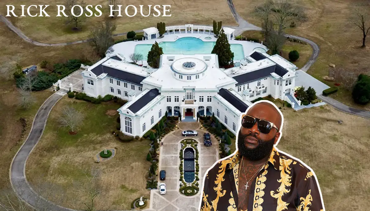 Aerial view of the luxurious Georgia mansion linked to Rick Ross house address, showcasing grand architecture and expansive estate grounds.