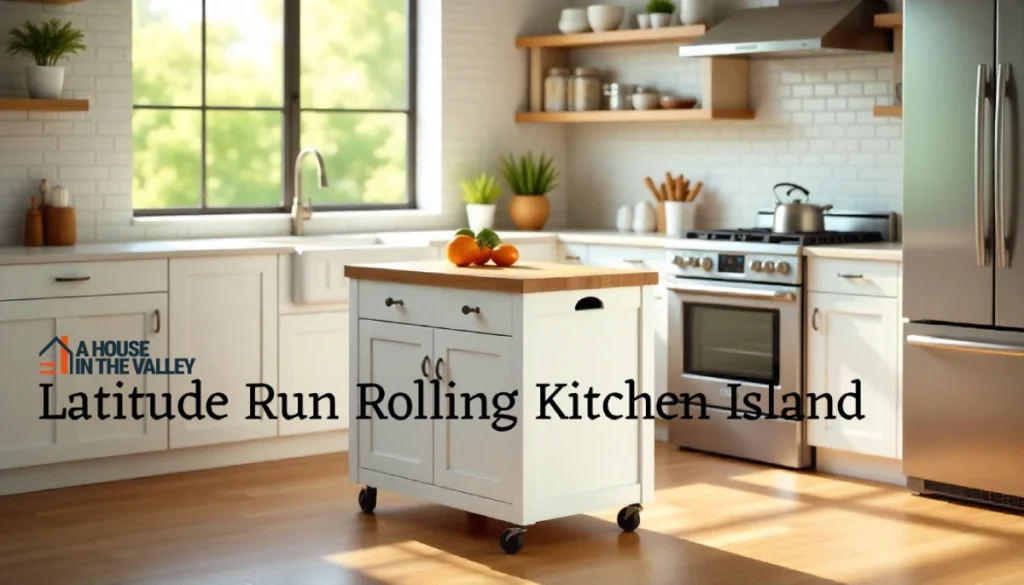 Modern kitchen setup featuring the latitude run rolling kitchen island with spacious storage shelves, smooth wheels, and a sleek contemporary design.