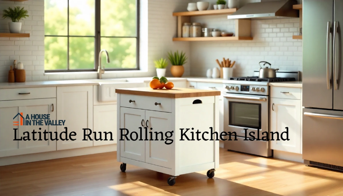 Modern kitchen setup featuring the latitude run rolling kitchen island with spacious storage shelves, smooth wheels, and a sleek contemporary design.