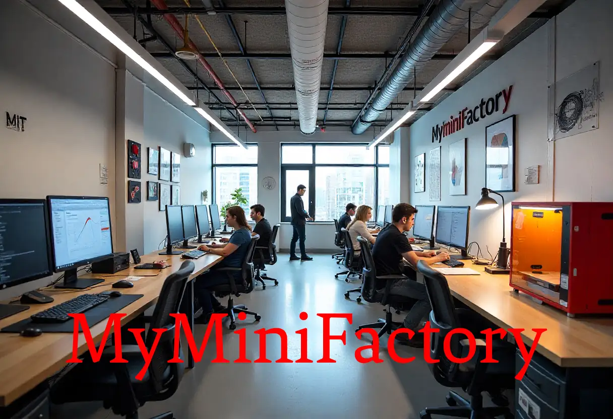 A creative 3D printing workspace showcasing unique models and designs featured on myminifactory.