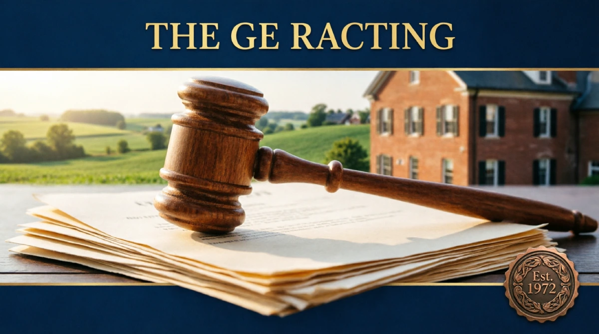 Professional real estate auction gavel on property documents with Middle Tennessee farmland backdrop - Comas Montgomery Realty Auction Murfreesboro